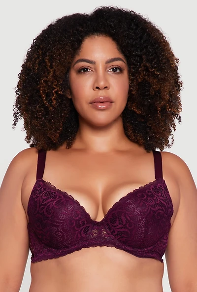 Womens Plus Size Swirl Lace Scalloped Trim Plunge Bra, Purple, Size 40C
