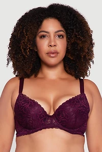 Womens Plus Size Swirl Lace Scalloped Trim Plunge Bra, Purple, Size 40C