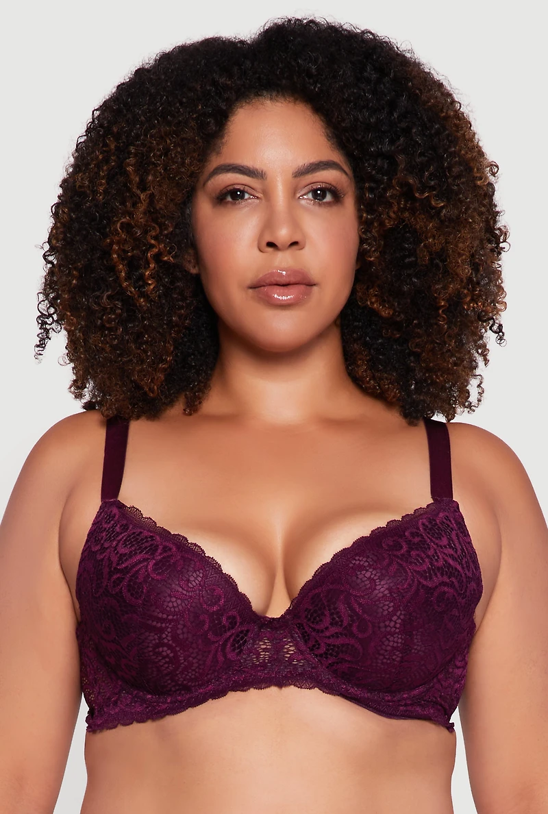 Womens Plus Swirl Lace Scalloped Trim Plunge Bra, Purple,