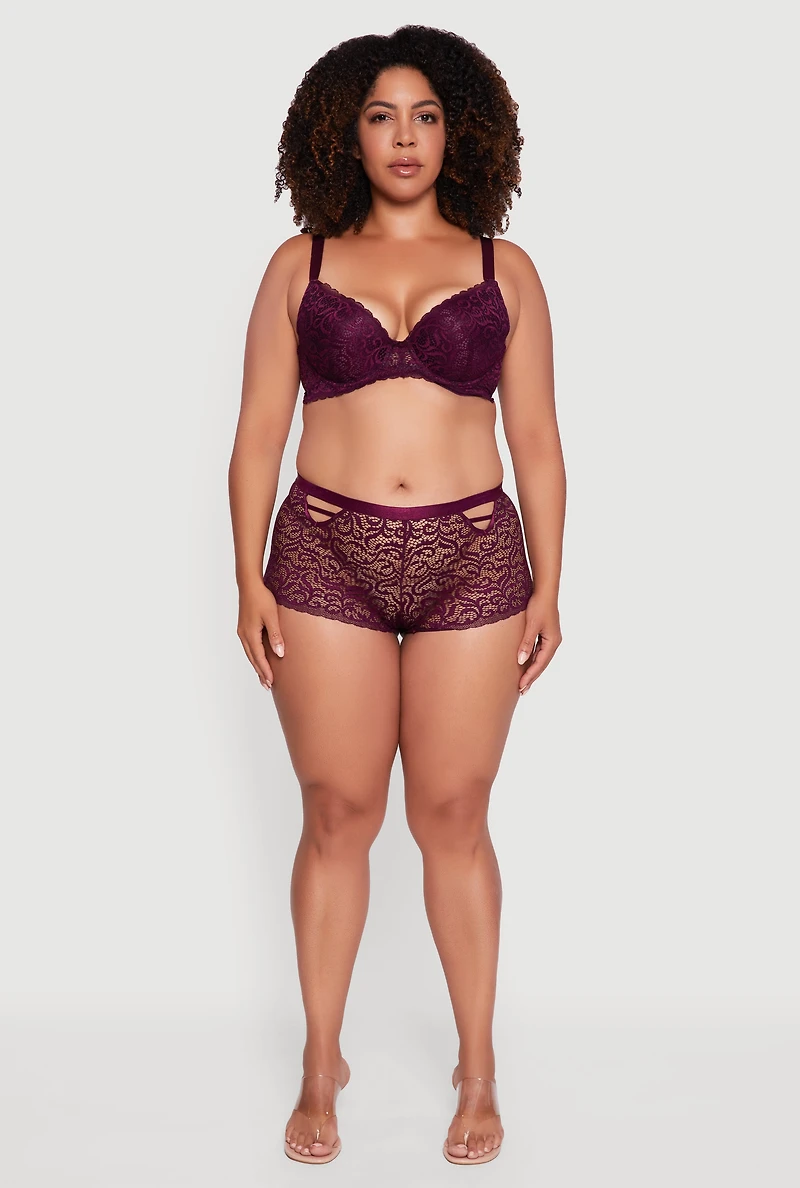 Womens Plus Size Swirl Lace Scalloped Trim Plunge Bra, Purple, Size 40C
