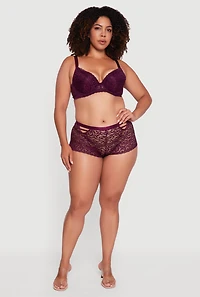 Womens Plus Size Swirl Lace Scalloped Trim Plunge Bra, Purple, Size 40C
