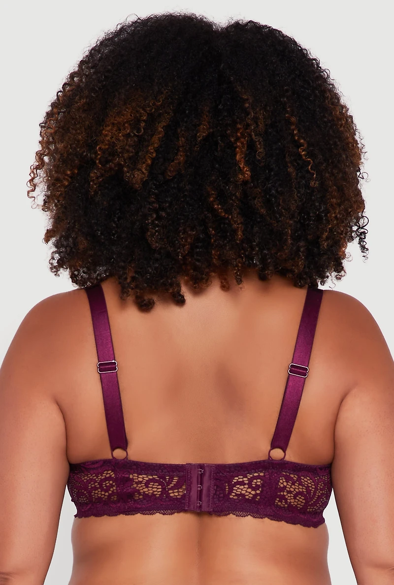 Womens Plus Size Swirl Lace Scalloped Trim Plunge Bra, Purple, Size 40C