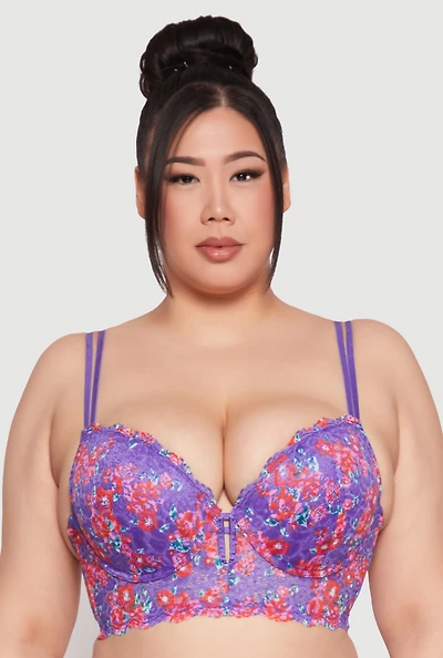 Womens Plus Size Floral Lace Longline Plunge Bra, Purple, Size 44C