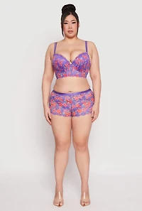 Womens Plus Size Floral Lace Longline Plunge Bra, Purple, Size 38C