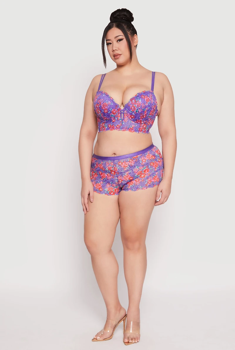 Womens Plus Size Floral Lace Longline Plunge Bra, Purple, Size 44C