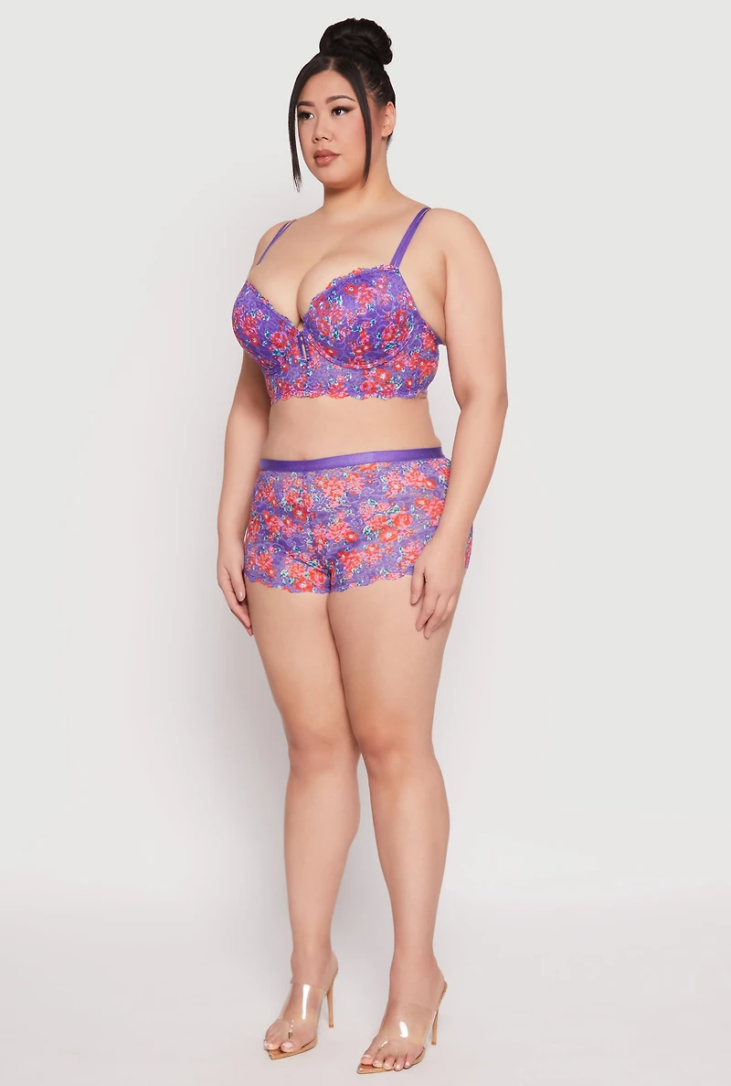 Womens Plus Size Floral Lace Longline Plunge Bra, Purple, Size 44C