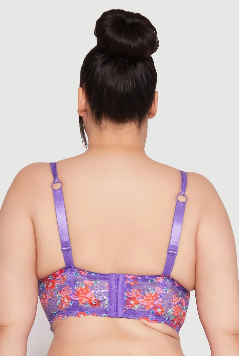 Womens Plus Size Floral Lace Longline Plunge Bra, Purple, Size 44C