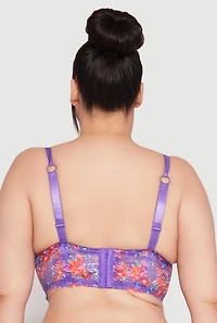Womens Plus Size Floral Lace Longline Plunge Bra, Purple, Size 44C