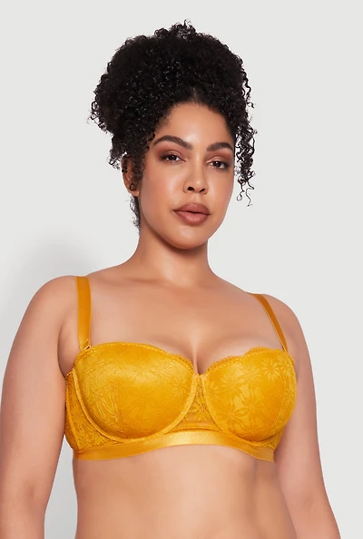 Womens Plus Size Lace Push Up Convertible Balconette Bra, Yellow, Size 44C