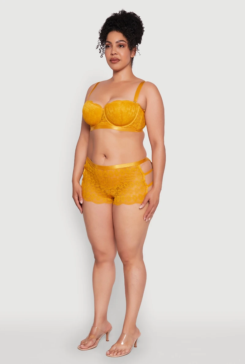 Womens Plus Size Lace Push Up Convertible Balconette Bra, Yellow, Size 44C