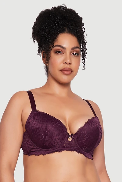 Womens Plus Size Lace Push Up Plunge Bra with Keyhole Detail, Purple, Size 44C
