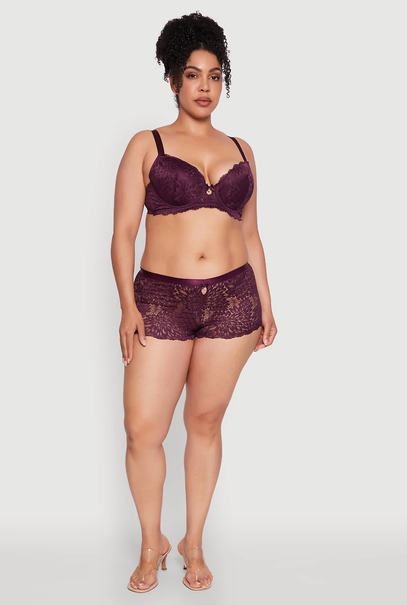 Womens Plus Size Lace Push Up Plunge Bra with Keyhole Detail, Purple, Size 38D