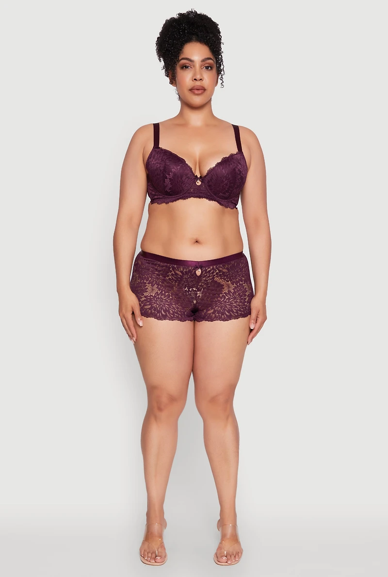 Womens Plus Size Lace Push Up Plunge Bra with Keyhole Detail, Purple, Size 44C