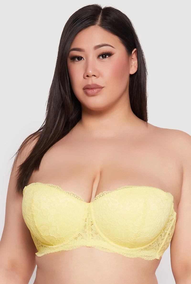 Womens Plus Size Scalloped Lace Balconette Bra | Convertible to Strapless, Yellow, Size 38D