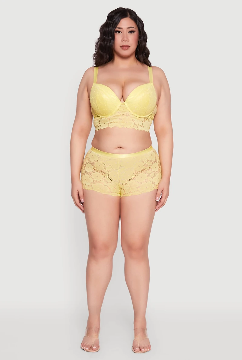 Womens Plus Size Floral Lace Plunge Longline Bra, Yellow, Size 44C