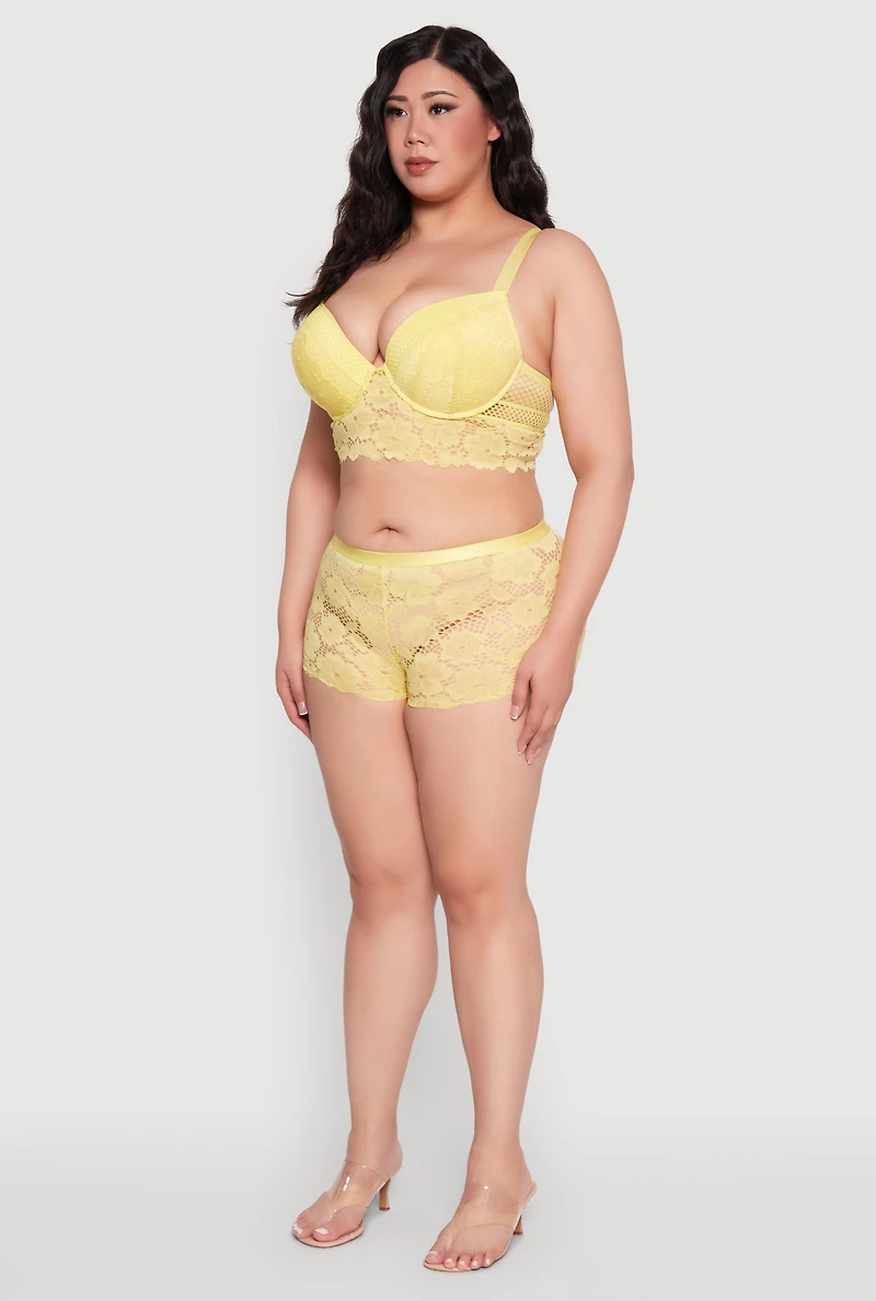 Womens Plus Size Floral Lace Plunge Longline Bra, Yellow, Size 40D