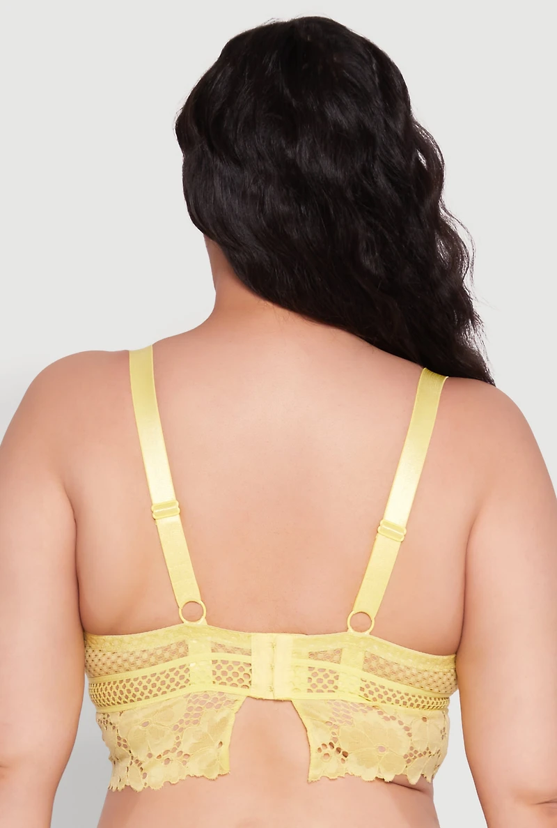 Womens Plus Size Floral Lace Plunge Longline Bra, Yellow, Size 44C