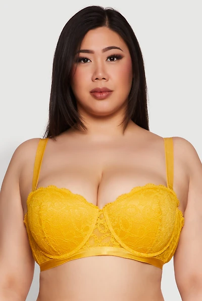 Womens Plus Size Lace Padded Push Up Bra with Adjustable Straps, Yellow, Size 38D