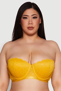 Womens Plus Size Lace Padded Push Up Bra with Adjustable Straps, Yellow, Size 38D