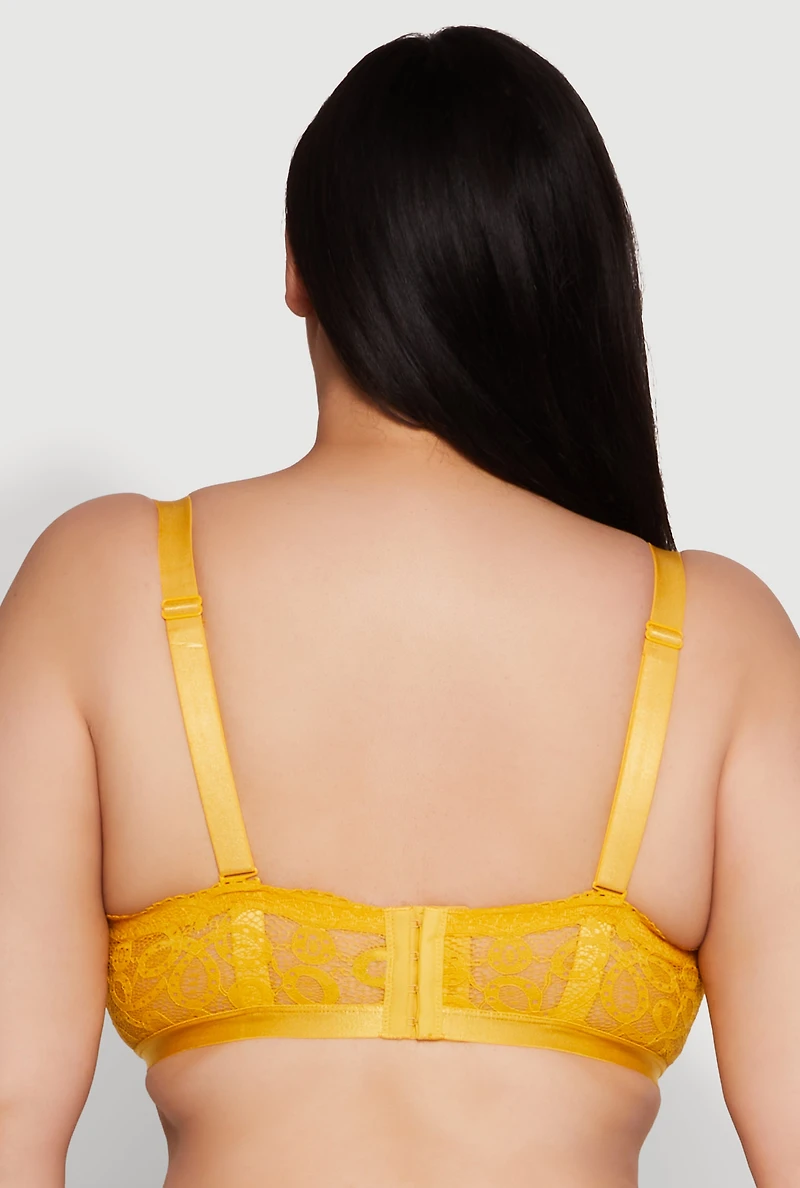 Womens Plus Size Lace Padded Push Up Bra with Adjustable Straps, Yellow, Size 40D