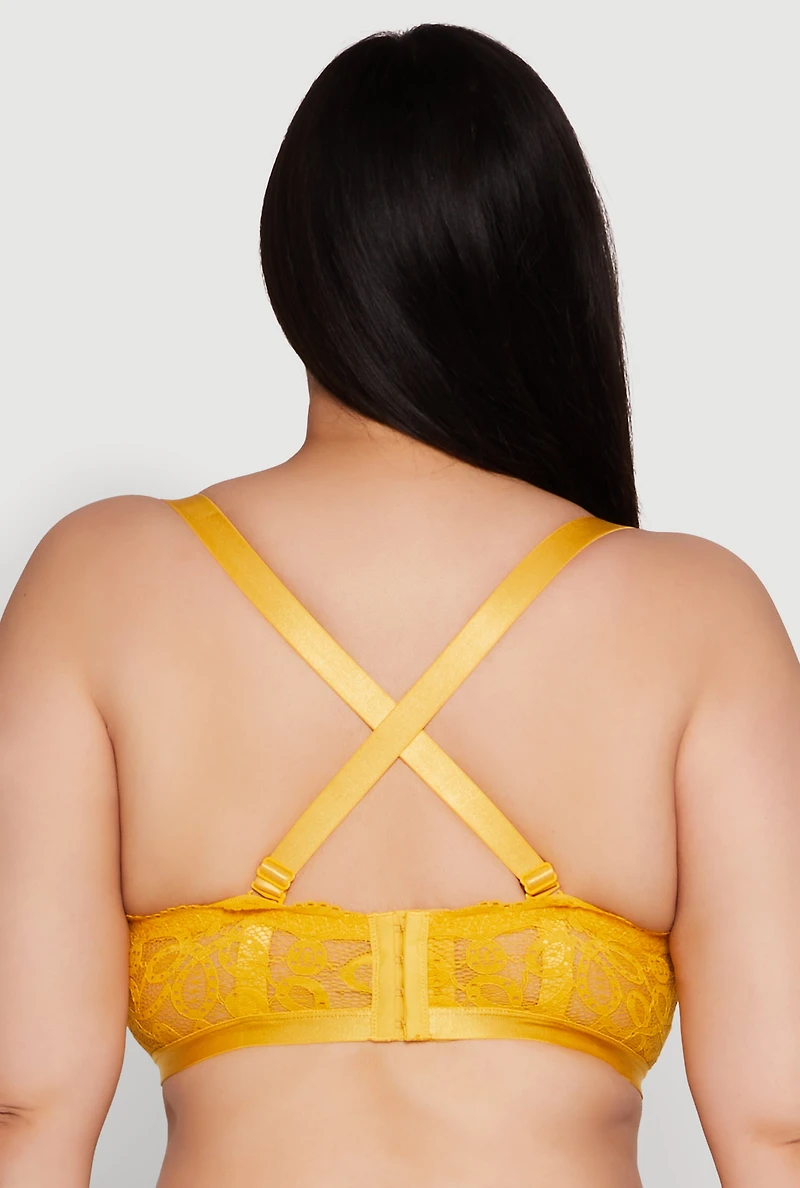 Womens Plus Size Lace Padded Push Up Bra with Adjustable Straps, Yellow, Size 40D