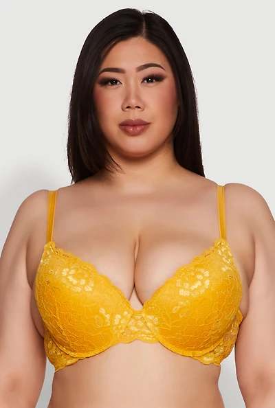 Womens Plus Size Lace Padded Push Up Bra with Adjustable Straps, Yellow, Size 42C