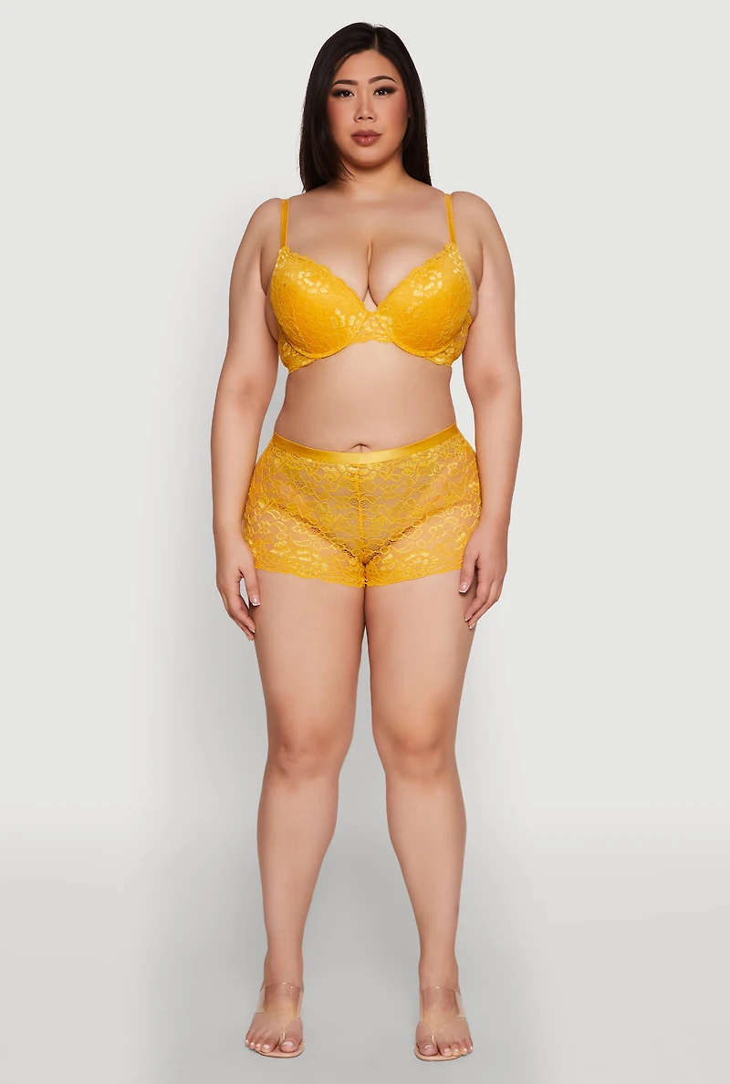 Womens Plus Size Lace Padded Push Up Bra with Adjustable Straps, Yellow, Size 44D