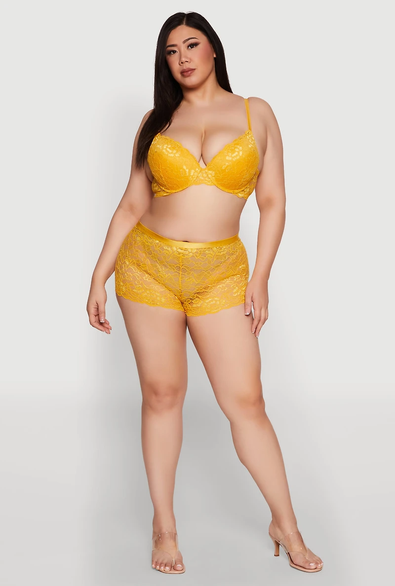 Womens Plus Size Lace Padded Push Up Bra with Adjustable Straps, Yellow, Size 40D