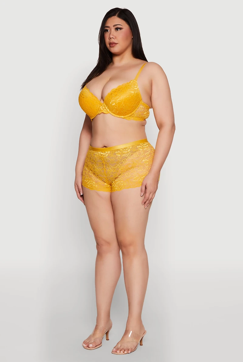 Womens Plus Size Lace Padded Push Up Bra with Adjustable Straps, Yellow, Size 44D