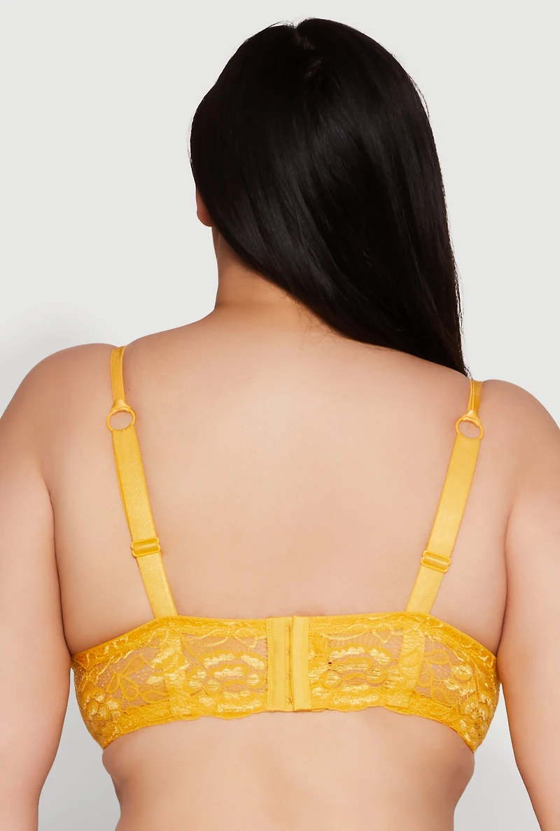 Womens Plus Size Lace Padded Push Up Bra with Adjustable Straps, Yellow, Size 38D
