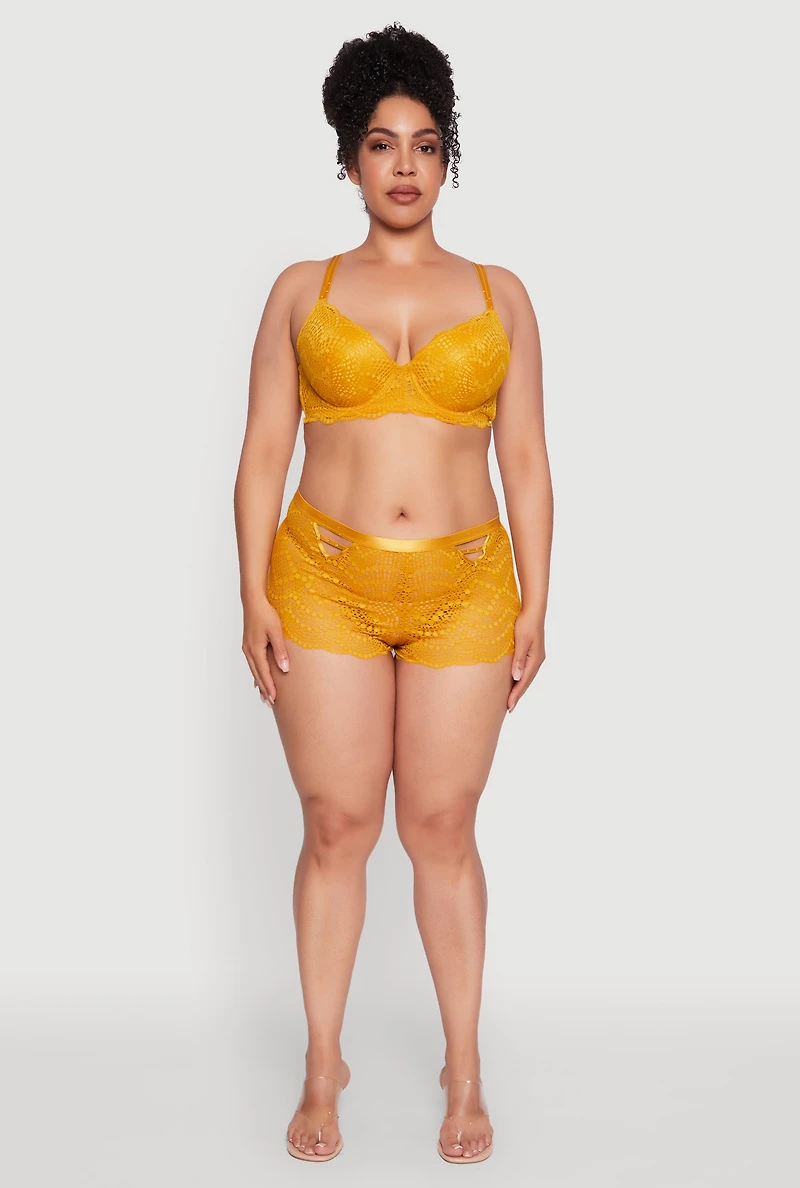 Womens Plus Studded Double Strap Lace Plunge Bra, Yellow,