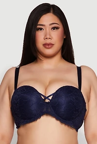 Womens Plus Size Caged Scalloped Lace Balconette Bra | Convertible to Strapless, Blue, Size 38D
