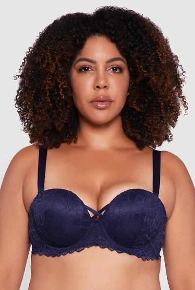 Womens Plus Size Caged Scalloped Lace Balconette Bra | Convertible to Strapless, Blue, Size 44D