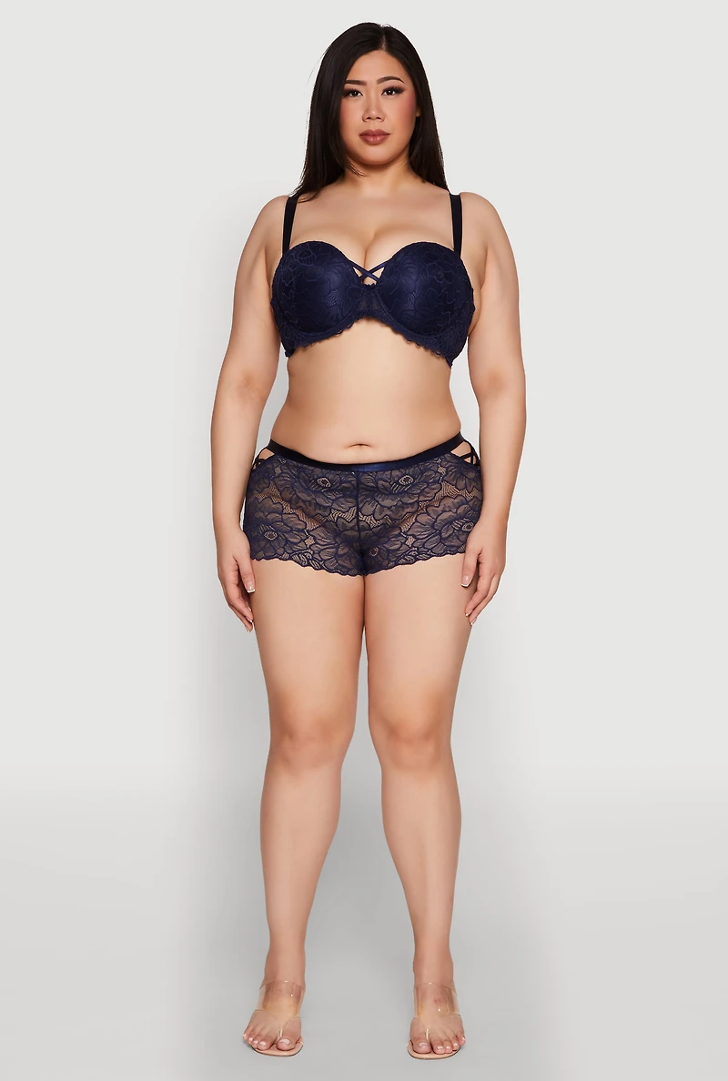 Womens Plus Size Caged Scalloped Lace Balconette Bra | Convertible to Strapless, Blue, Size 38D