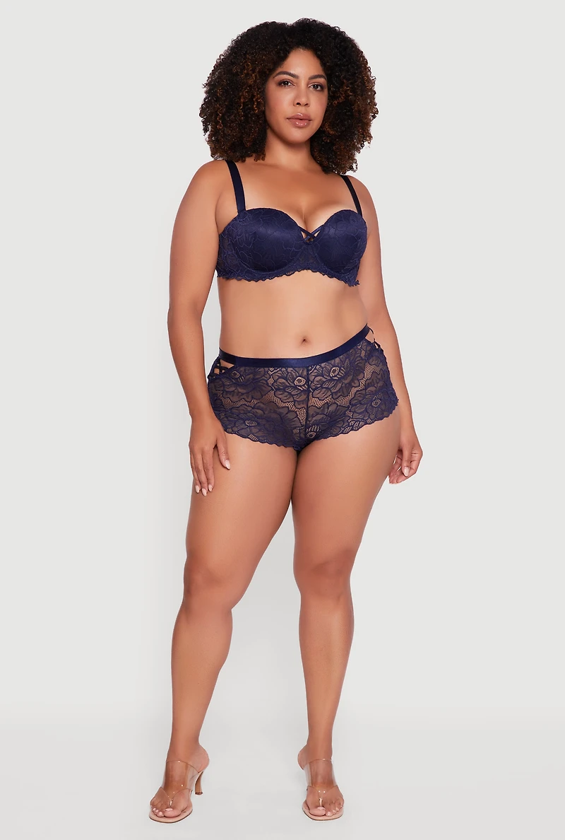 Womens Plus Size Caged Scalloped Lace Balconette Bra | Convertible to Strapless, Blue, Size 42C