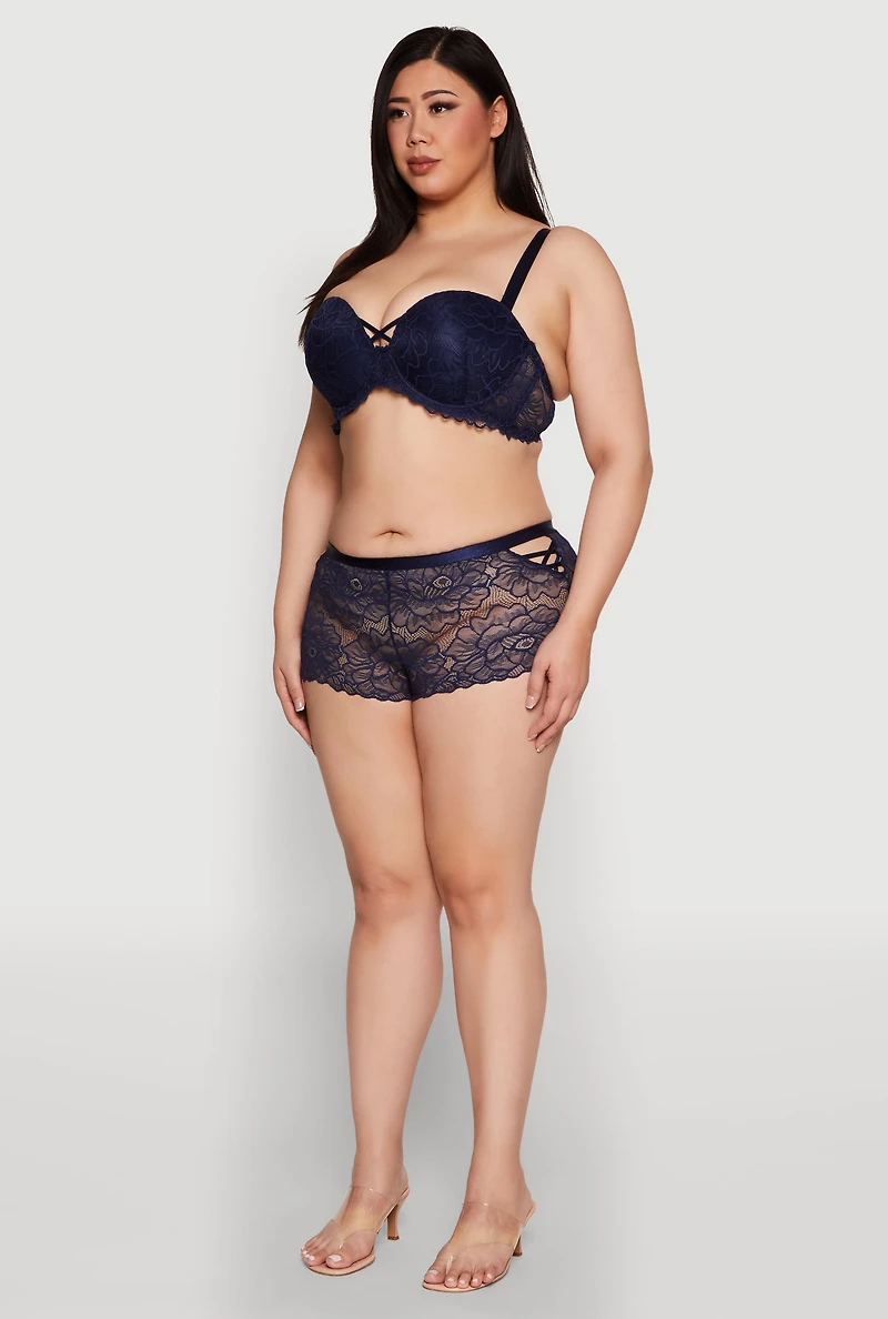 Womens Plus Size Caged Scalloped Lace Balconette Bra | Convertible to Strapless, Blue, Size 38D