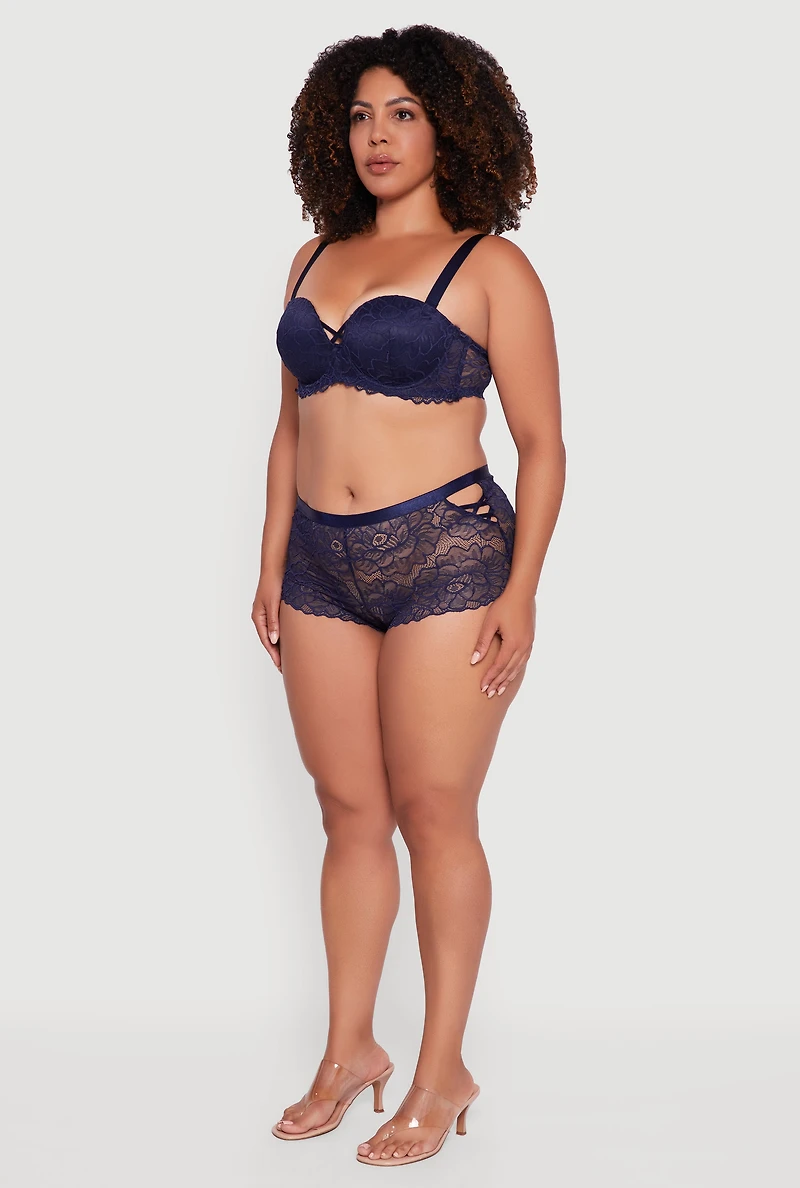 Womens Plus Size Caged Scalloped Lace Balconette Bra | Convertible to Strapless, Blue, Size 42C