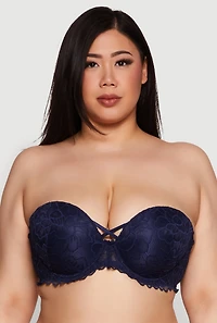 Womens Plus Size Caged Scalloped Lace Balconette Bra | Convertible to Strapless, Blue, Size 38D