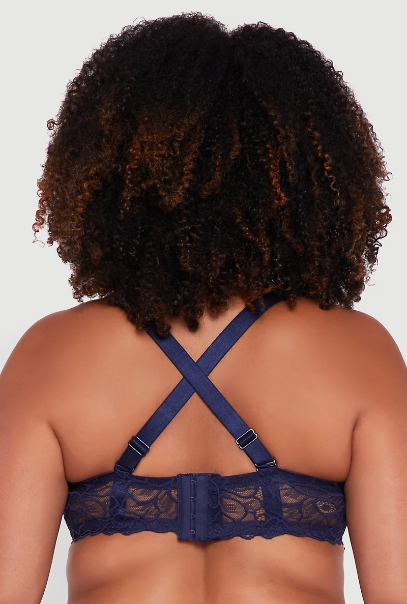 Womens Plus Size Caged Scalloped Lace Balconette Bra | Convertible to Strapless, Blue, Size 42C