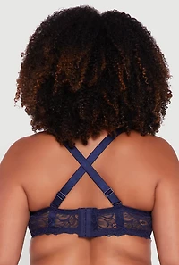 Womens Plus Size Caged Scalloped Lace Balconette Bra | Convertible to Strapless, Blue, Size 42C