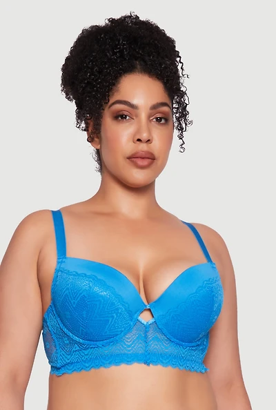 Womens Plus Size Lace Keyhole Push Up Plunge Bra, Blue, Size 44D