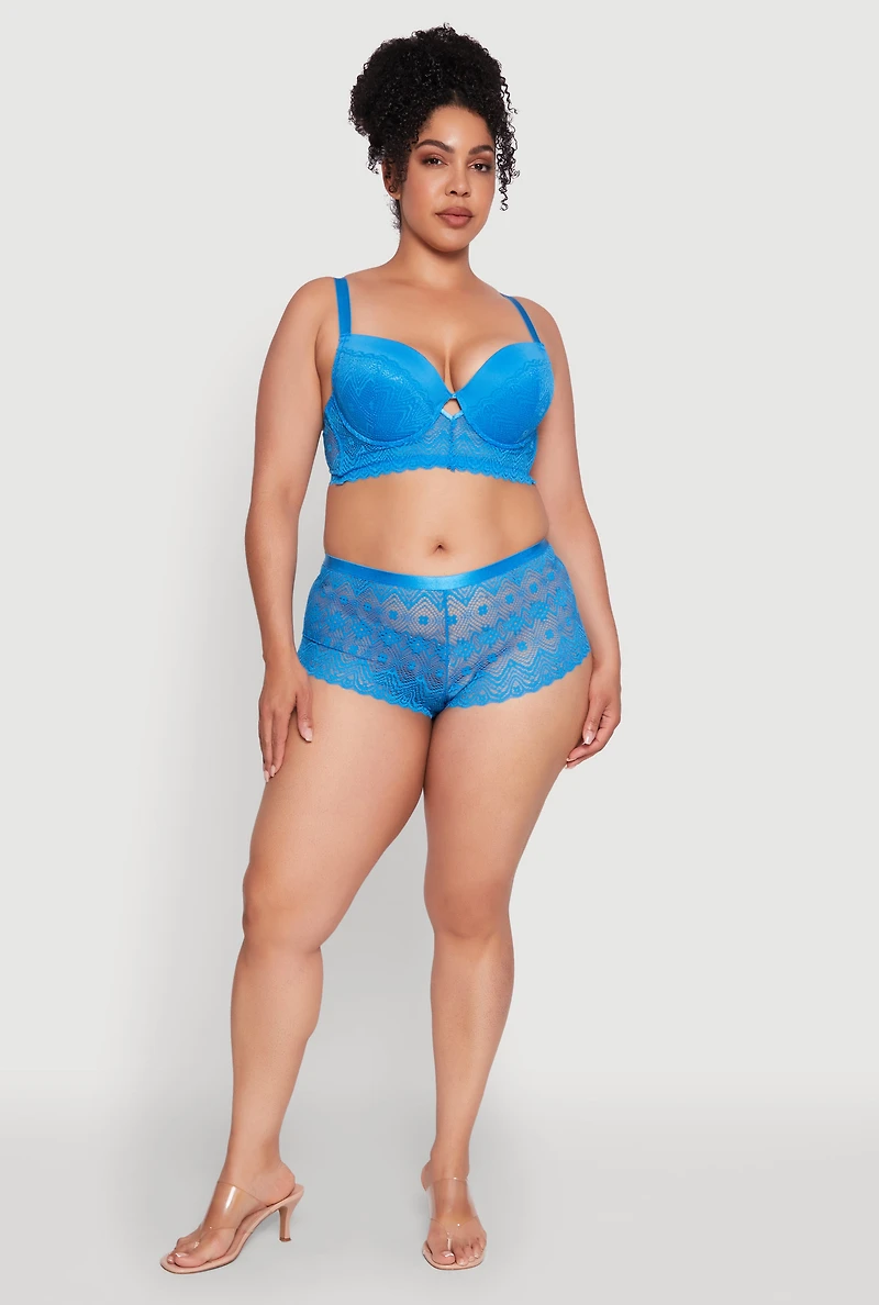 Womens Plus Lace Keyhole Push Up Plunge Bra, Blue,