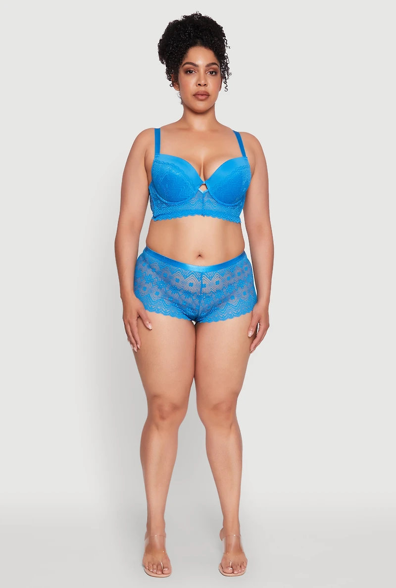 Womens Plus Lace Keyhole Push Up Plunge Bra, Blue,