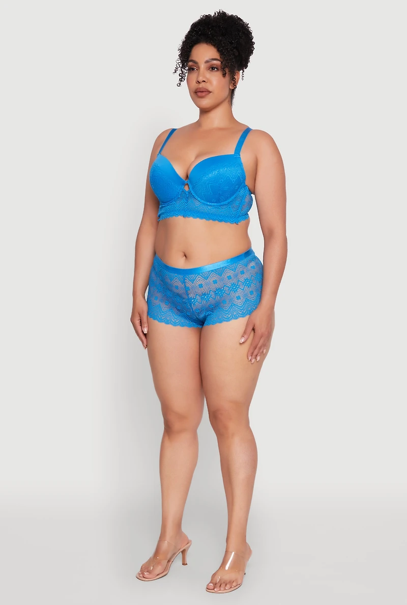 Womens Plus Lace Keyhole Push Up Plunge Bra, Blue,