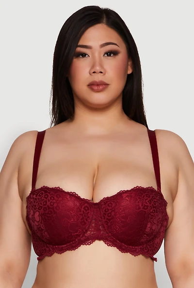 Womens Plus Size Floral Lace Scalloped Convertible Balconette Bra, Burgundy, Size 44C