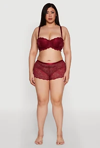 Womens Plus Floral Lace Scalloped Convertible Balconette Bra, Burgundy,