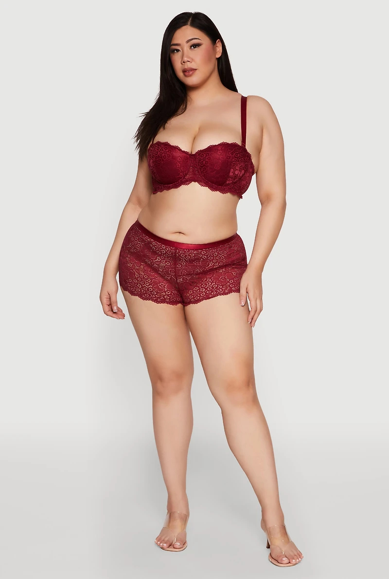 Womens Plus Floral Lace Scalloped Convertible Balconette Bra, Burgundy,
