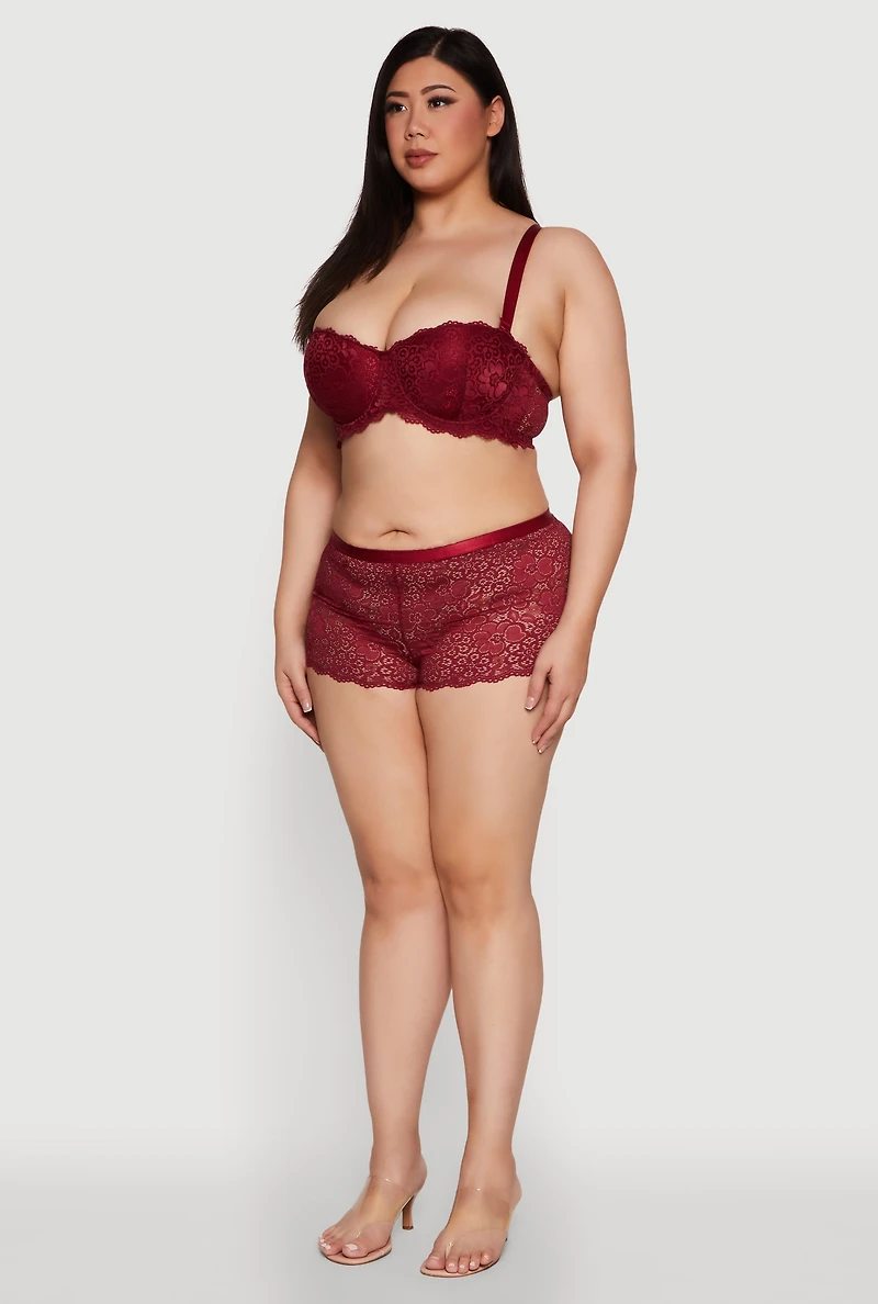 Womens Plus Size Floral Lace Scalloped Convertible Balconette Bra, Burgundy, Size 40C