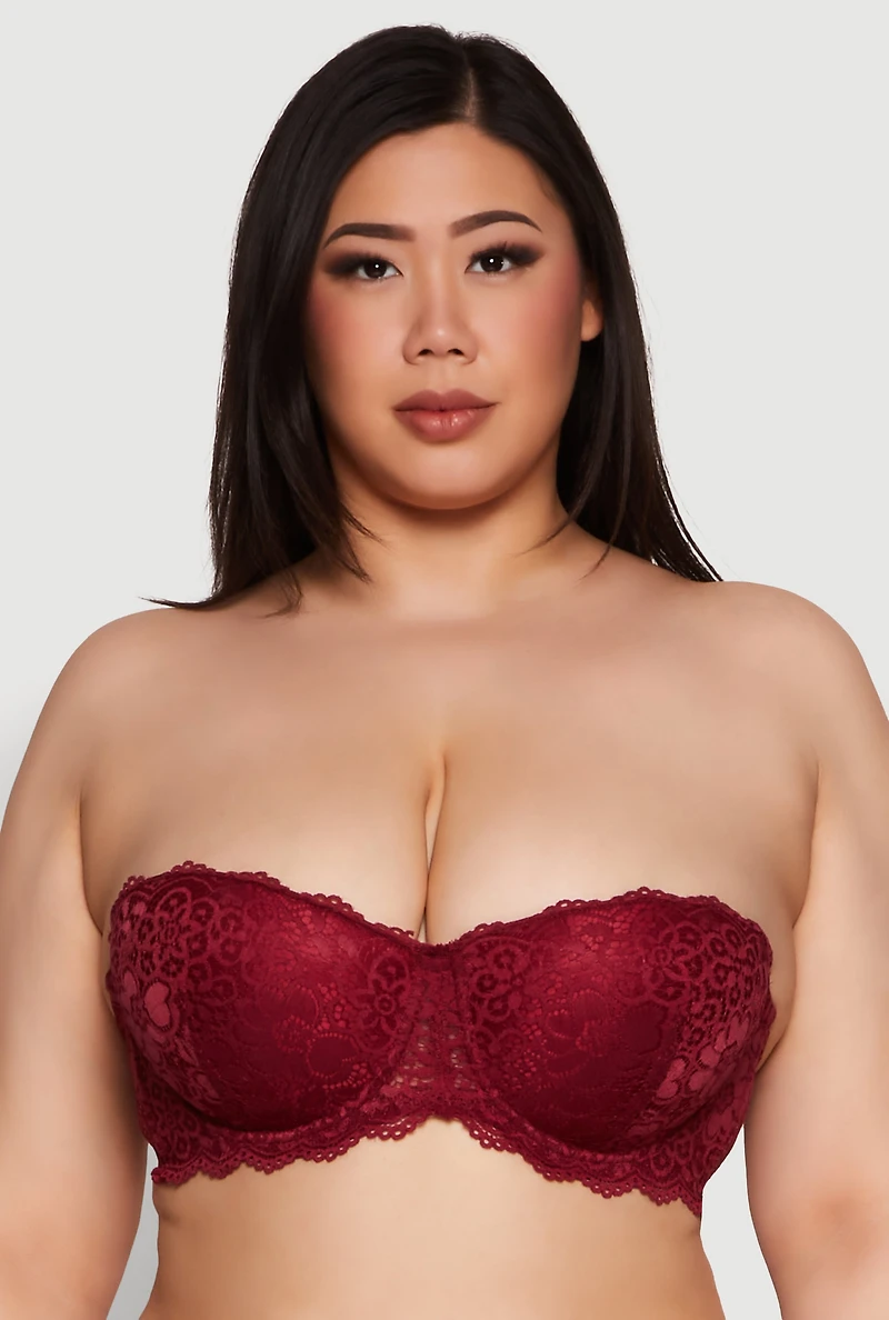 Womens Plus Floral Lace Scalloped Convertible Balconette Bra, Burgundy,