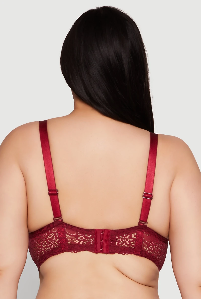 Womens Plus Floral Lace Scalloped Convertible Balconette Bra, Burgundy,